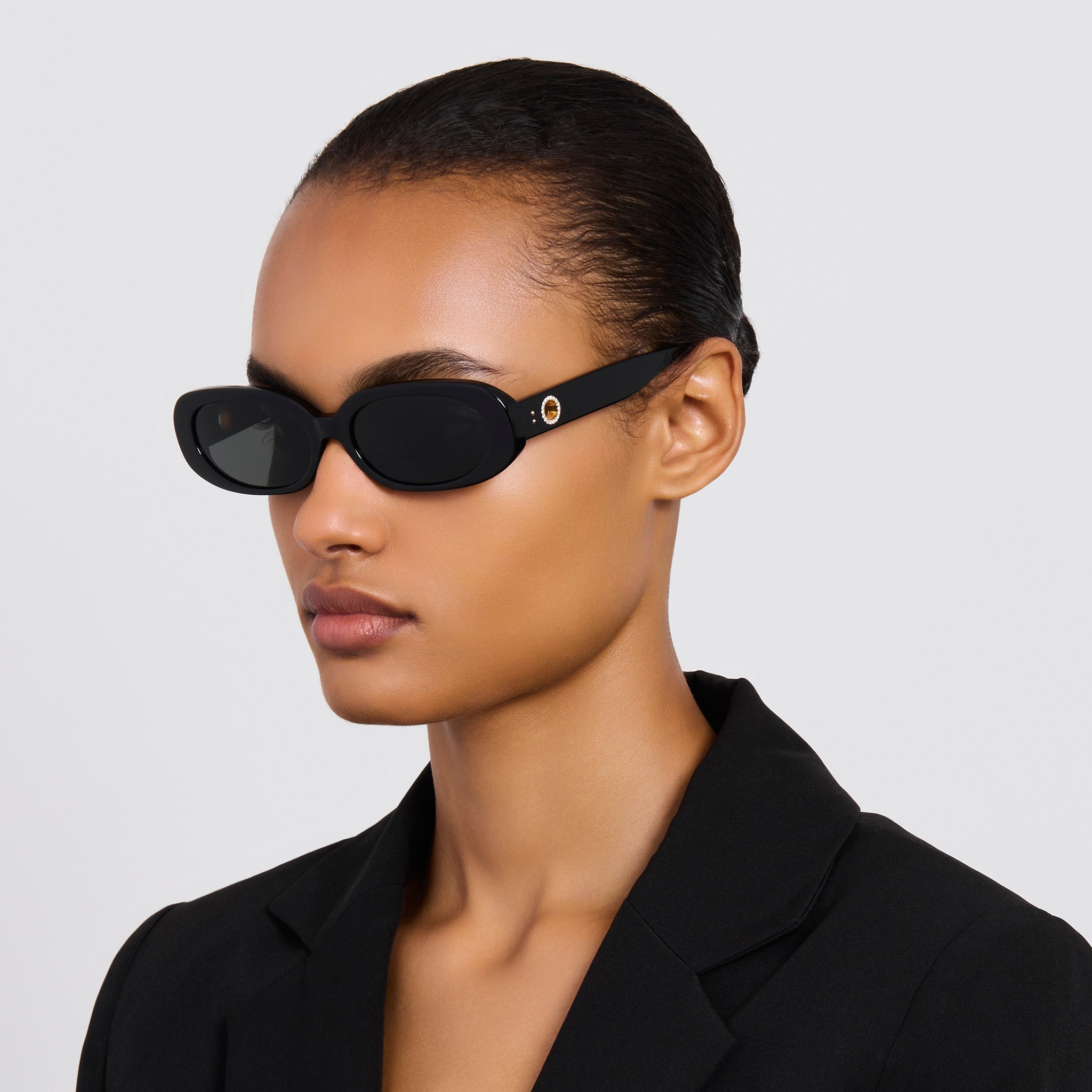 Cara Sunglasses in Black with Diamonds and 22K Gold - LINDA FARROW - Sunglasses -