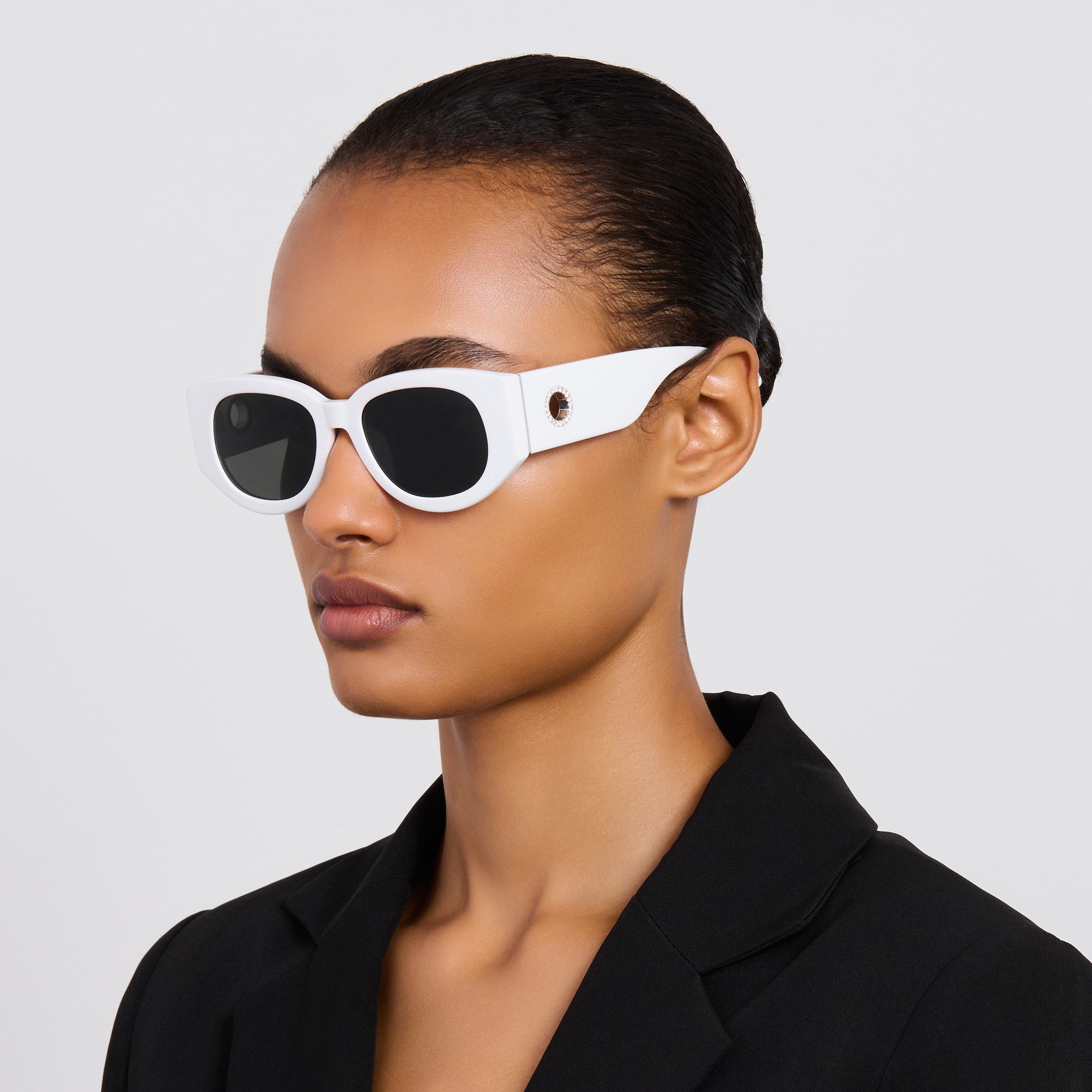 Debbie Sunglasses in White with Diamonds and 22K White Gold - LINDA FARROW - Sunglasses -