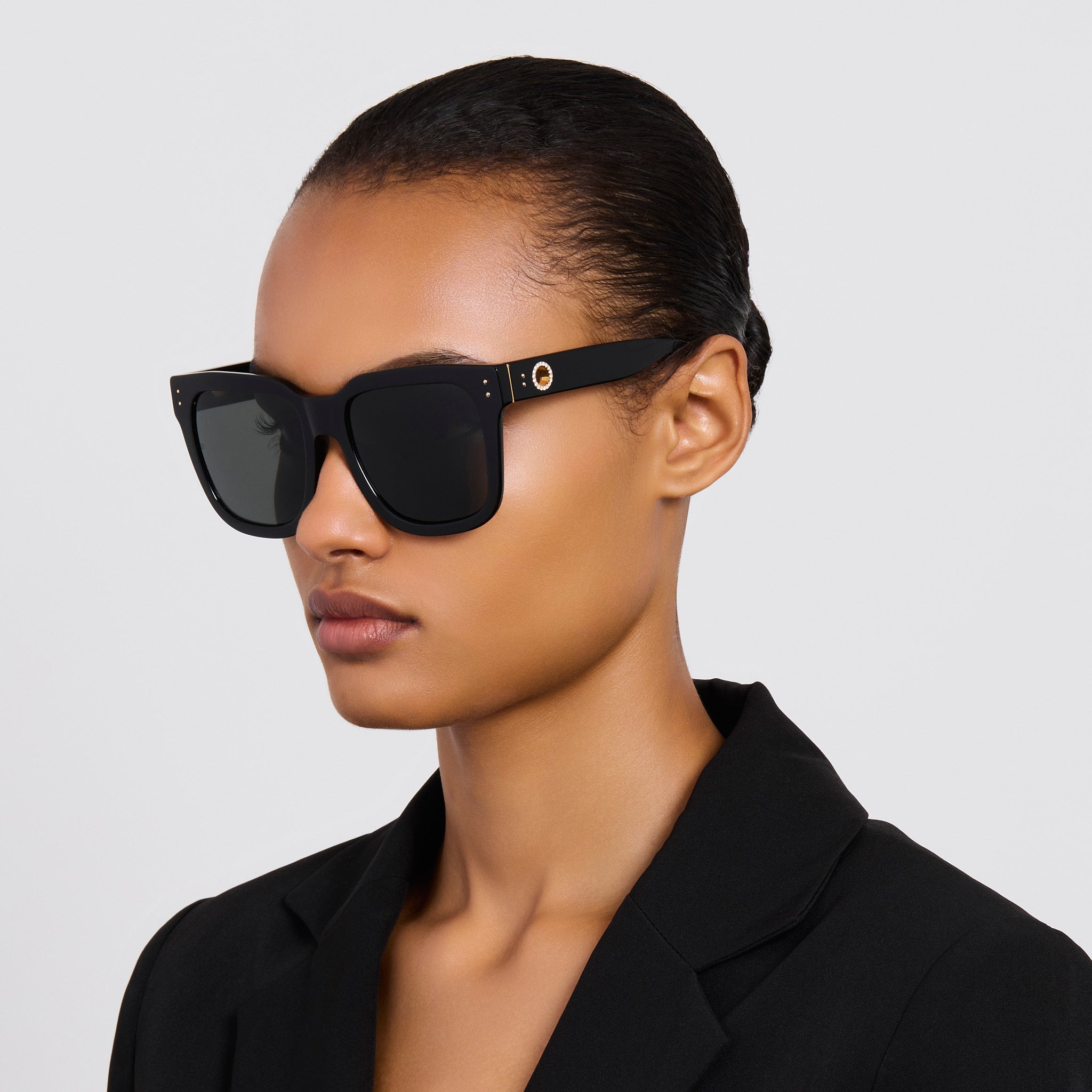 Freya Square Sunglasses in Black with Diamonds and 22K Gold - LINDA FARROW - Sunglasses -