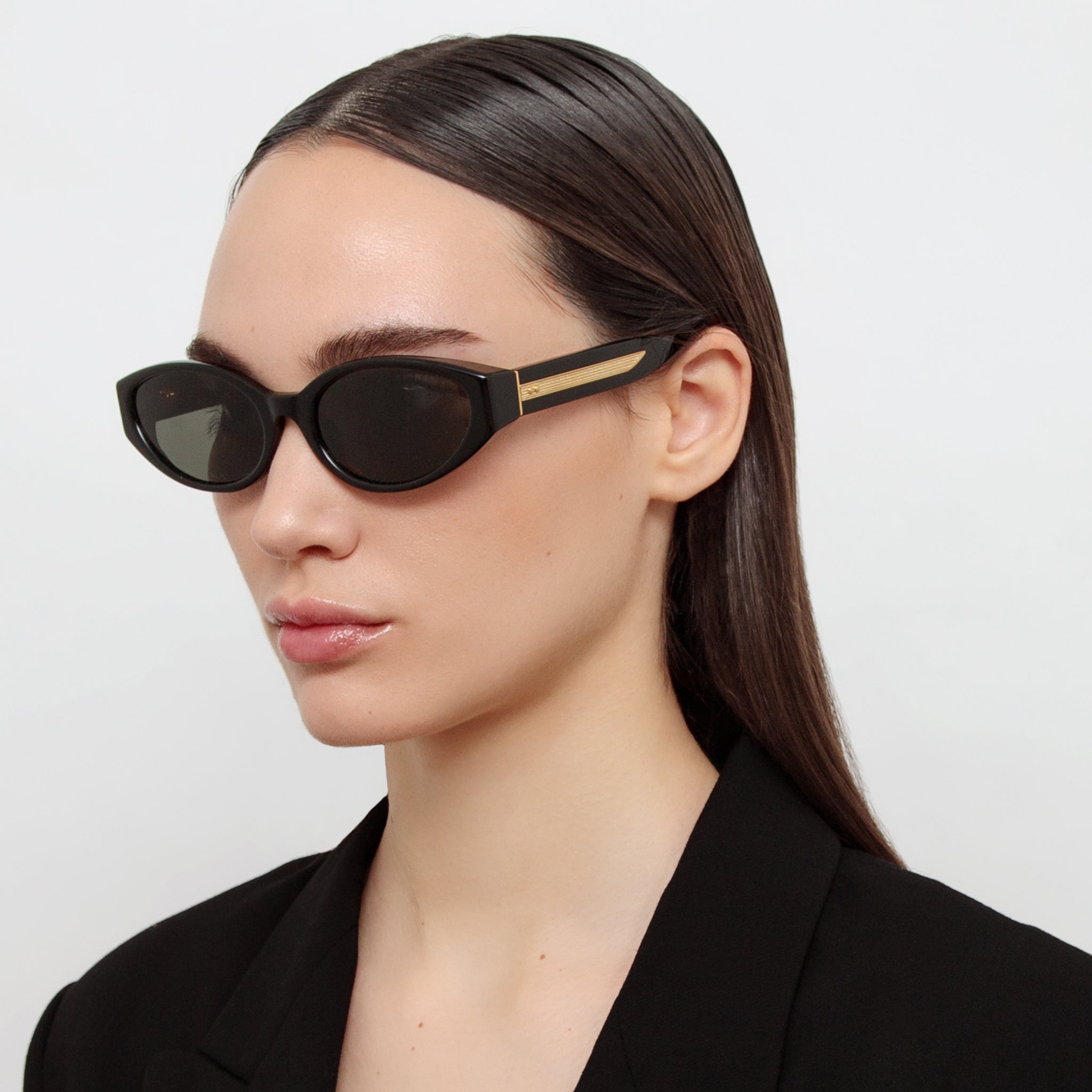 Lyra Oval Sunglasses in Black - LINDA FARROW - Sunglasses -