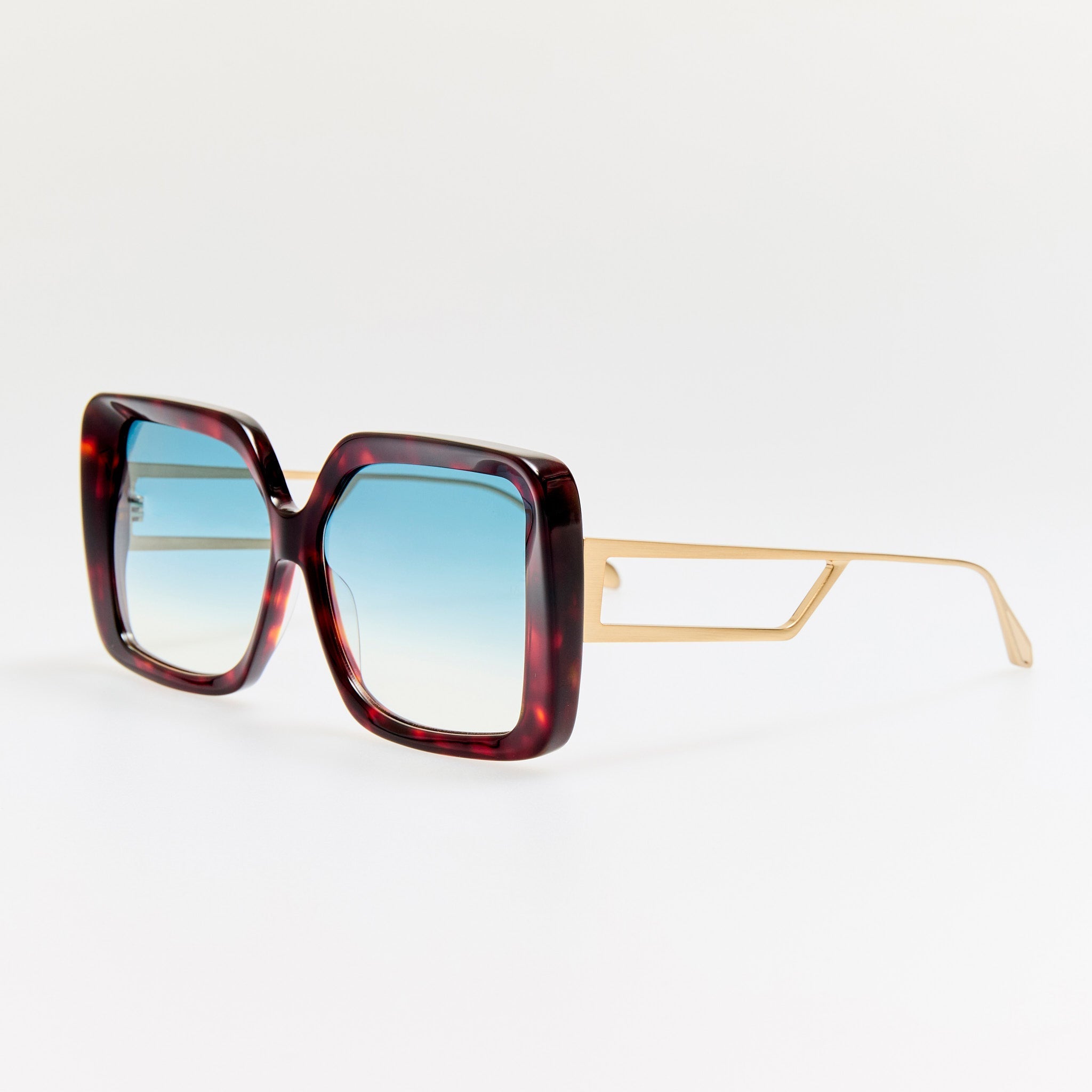 Macy Vista Temple Sunglasses in Dark Tortoiseshell with Blue Lens - LINDA FARROW - Sunglasses -