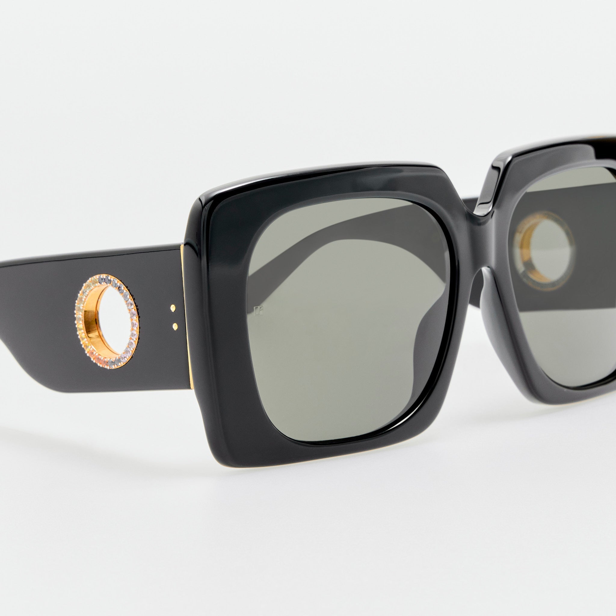 Sierra Sunglasses in Black with Rainbow Sapphires and 22K Gold - LINDA FARROW - Sunglasses -