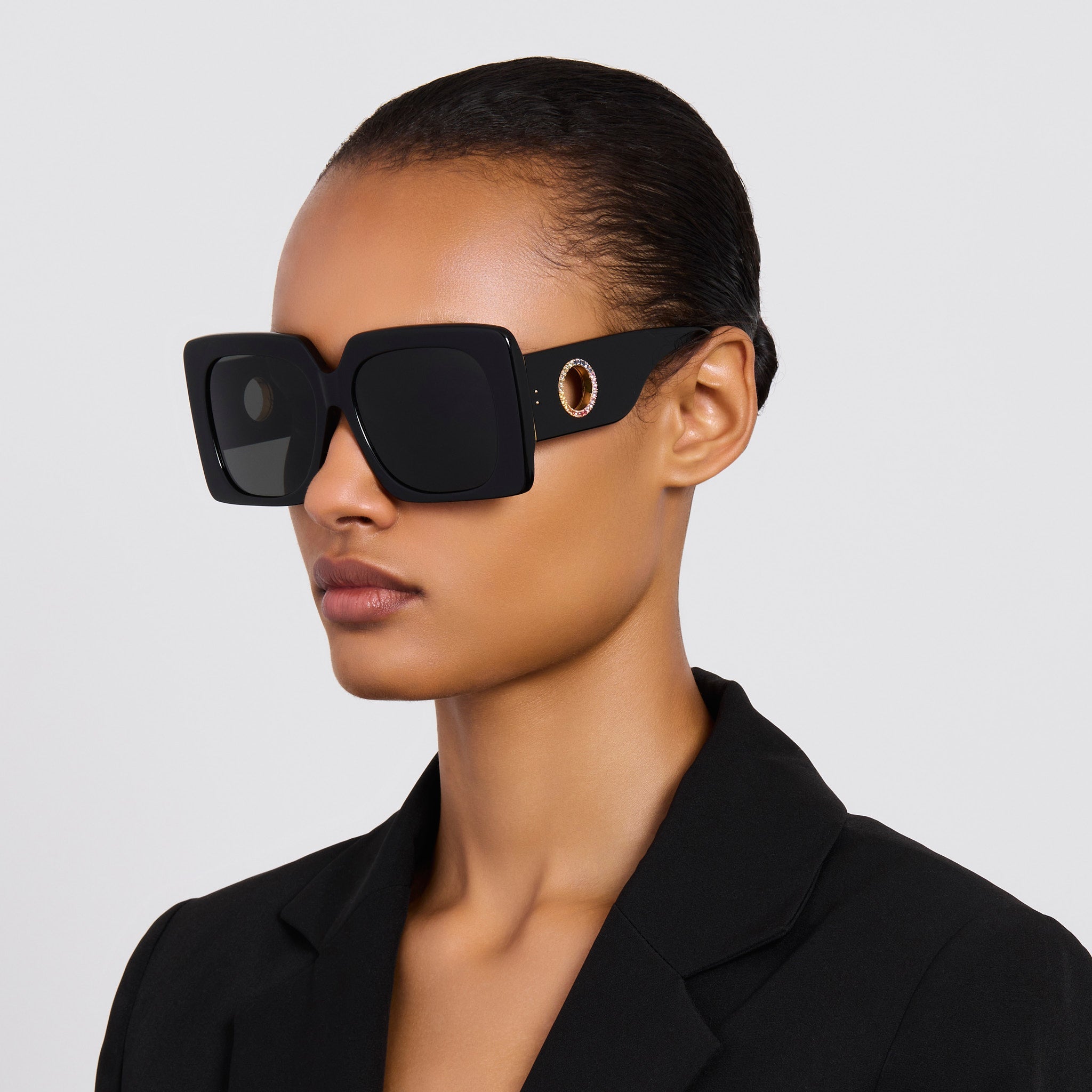 Sierra Sunglasses in Black with Rainbow Sapphires and 22K Gold - LINDA FARROW - Sunglasses -