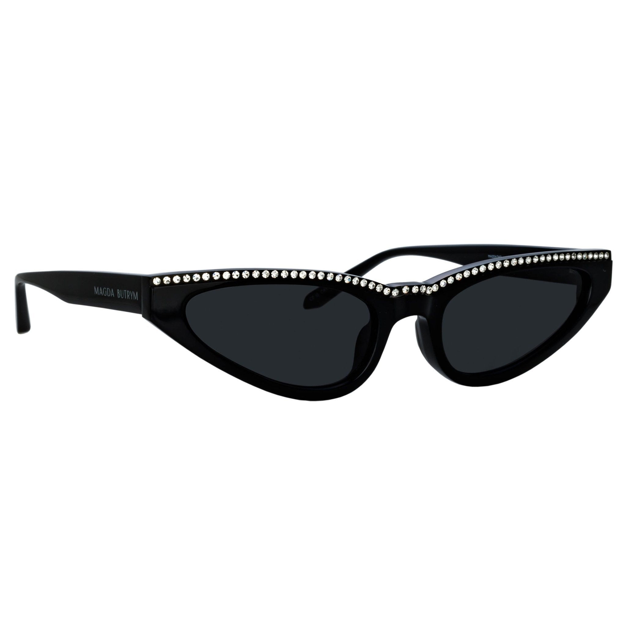 Slim Cat Eye Sunglasses in Black and Crystals - LINDA FARROW - Sunglasses -