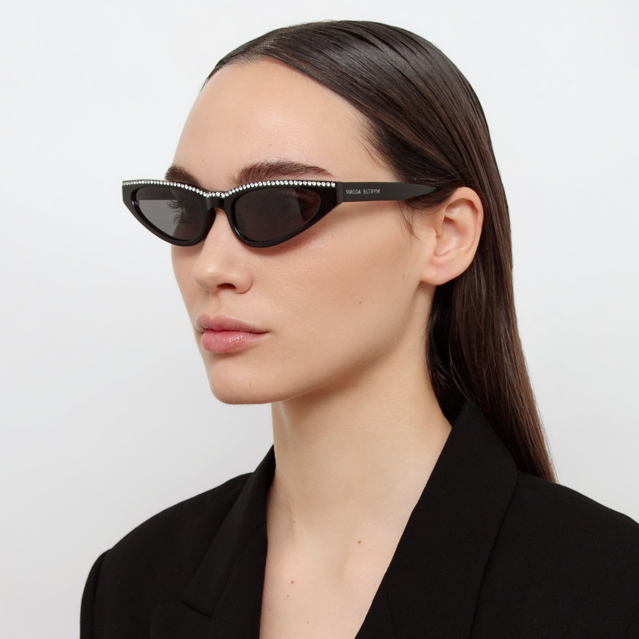 Slim Cat Eye Sunglasses in Black and Crystals - LINDA FARROW - Sunglasses -