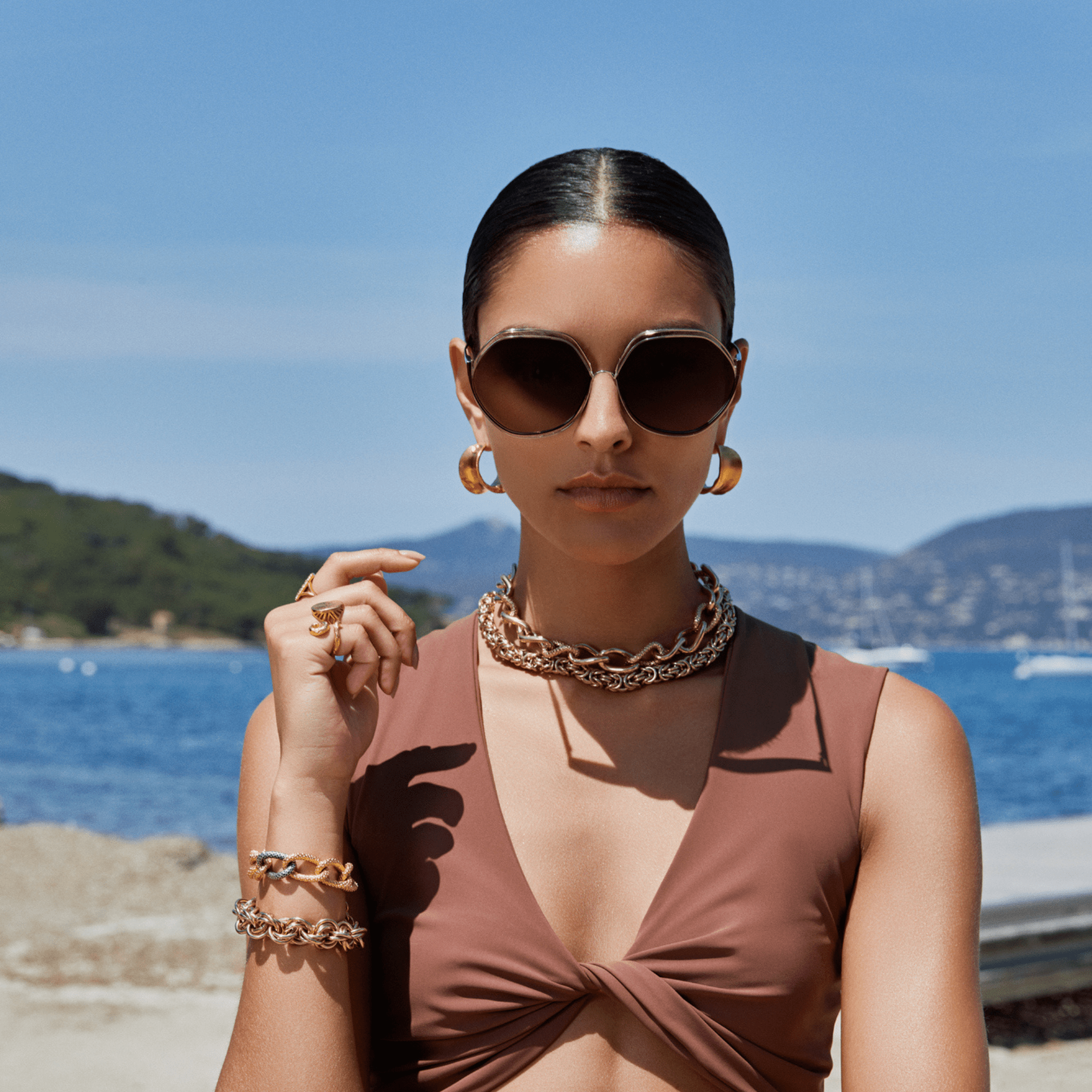 Aspen Sunglasses in 22K Gold and Mocha - LINDA FARROW - Sunglasses -