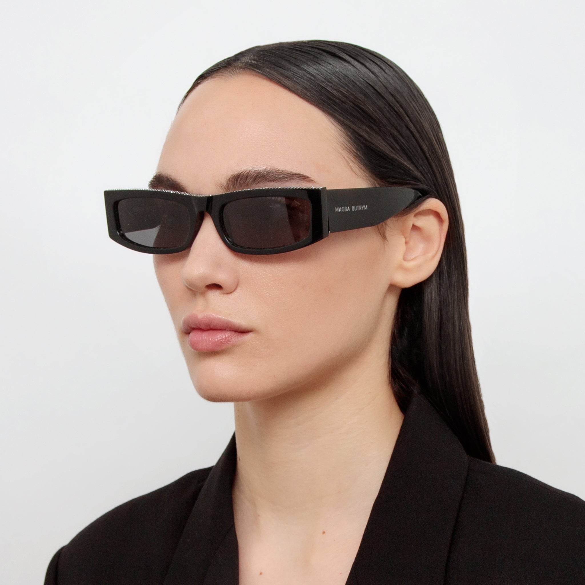 Rectangular Sunglasses in Black and Crystals