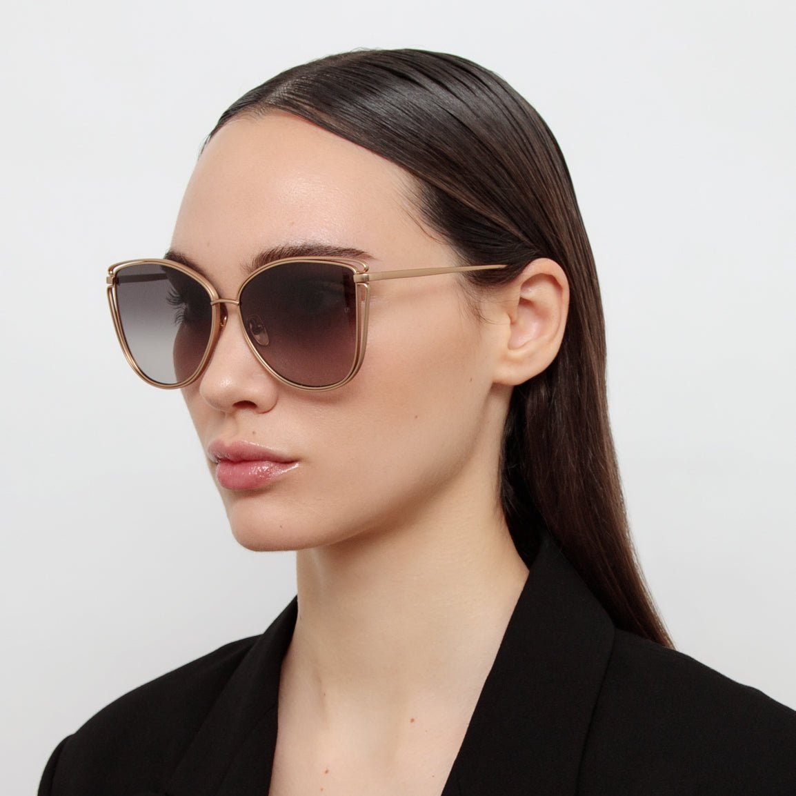 Dinah Sunglasses in Matt 18K Rose Gold and Grey - LINDA FARROW - Sunglasses - 